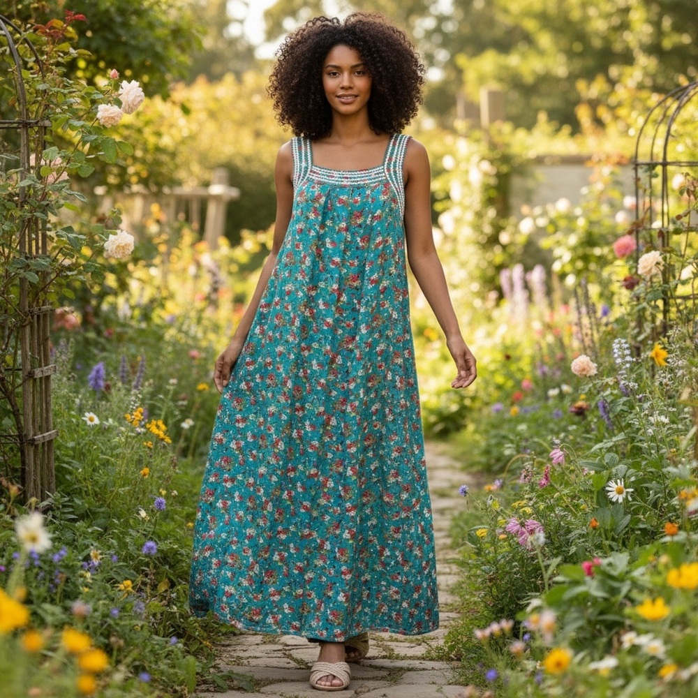 Vintage Cottagecore Floral Maxi Dress Handmade MuuMuu Style Teal S/M